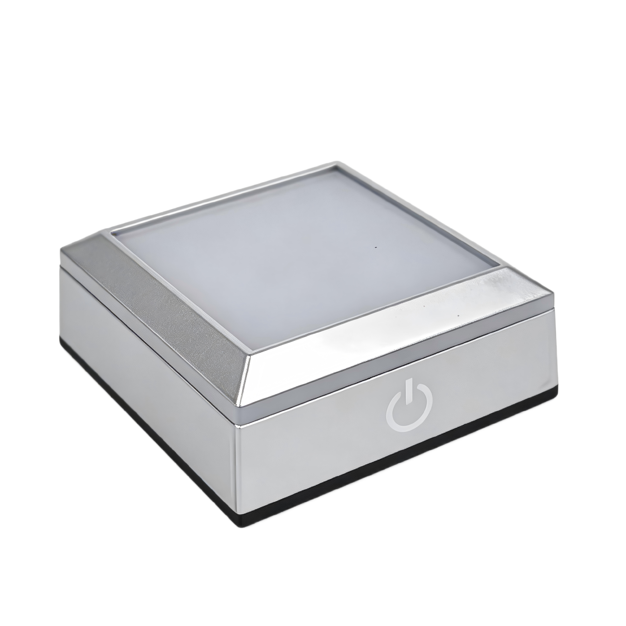 Sensitive touch control switch on front facade of flat square white LED base