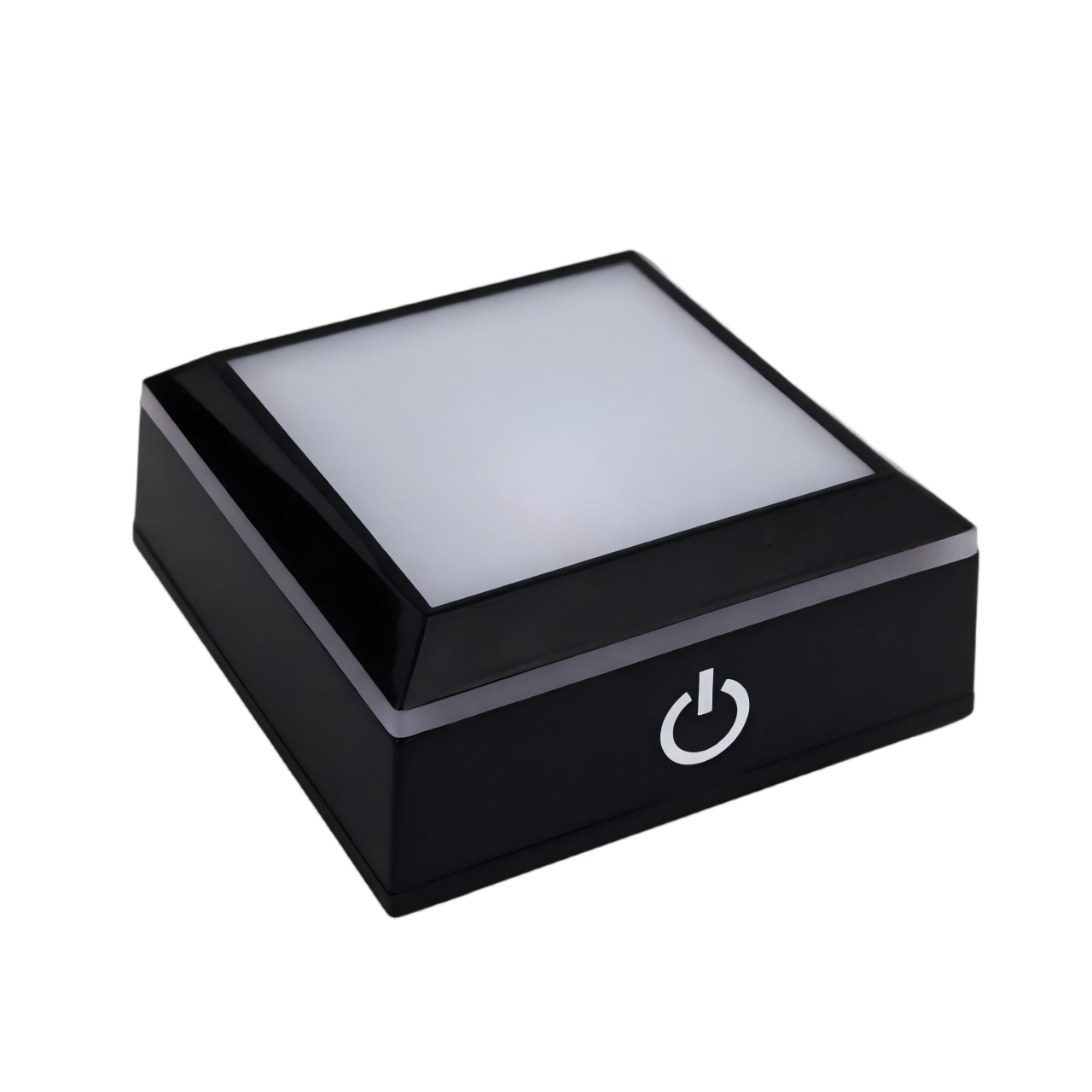 Sensitive touch control switch on front facade of flat square black LED base