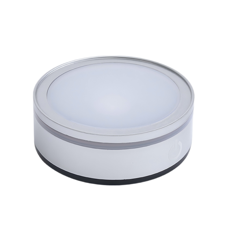 Sensitive touch control switch button on flat round white LED light pedestal