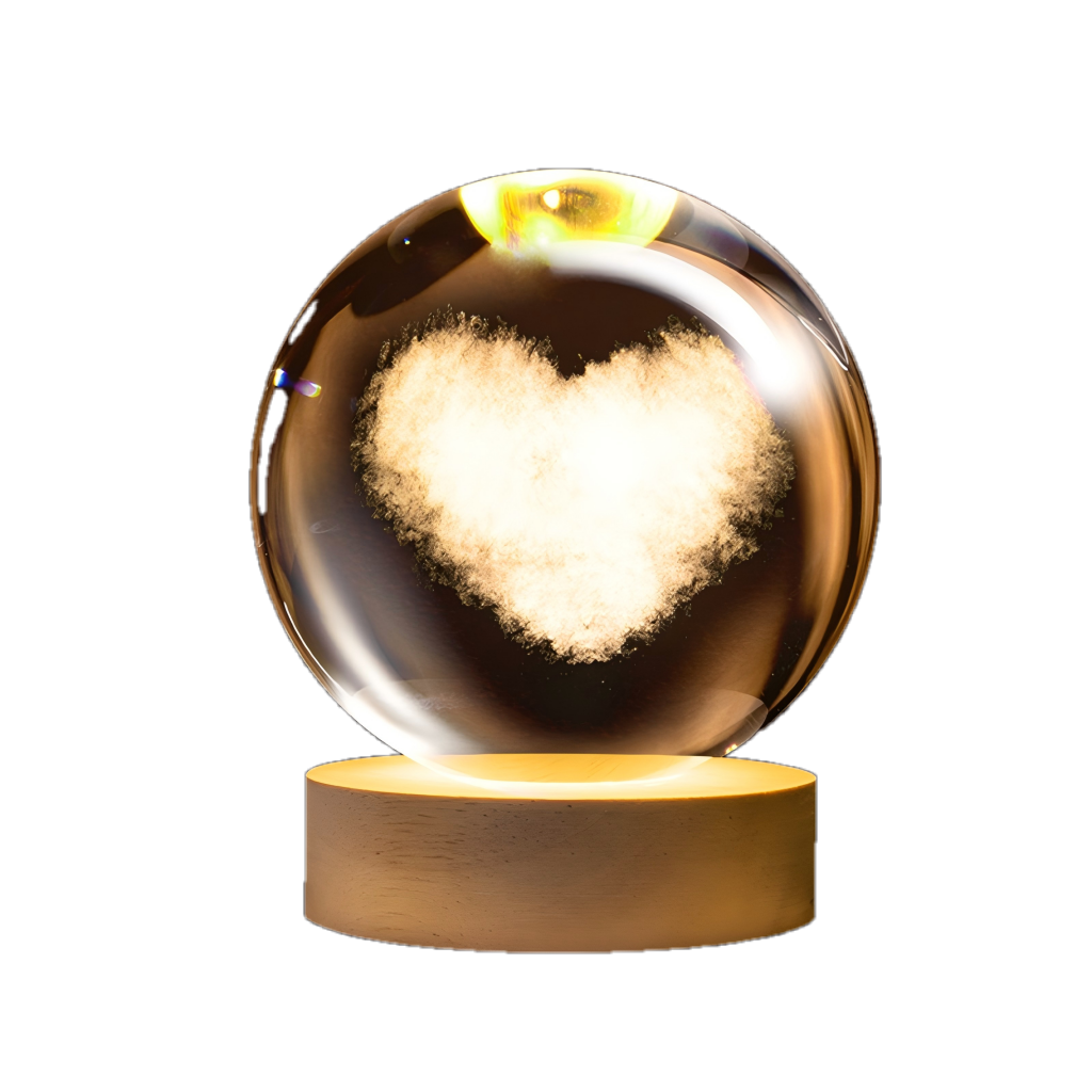 Massive 100mm K9 glass orb nightlight with heat-dissipating aluminum core wood base assembly