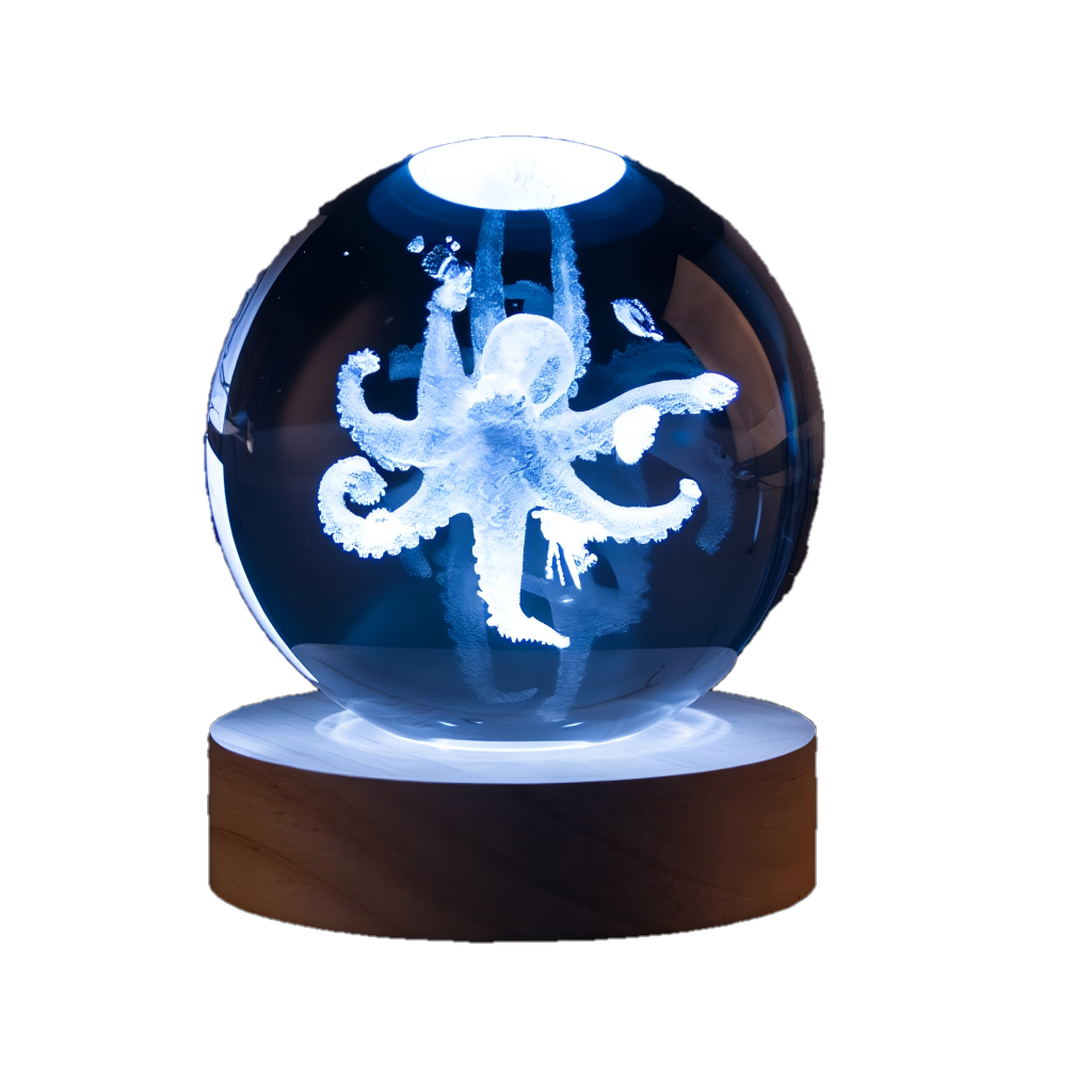 Solid 100mm borosilicate glass ball showing detailed internal laser cloud points with 5V USB line
