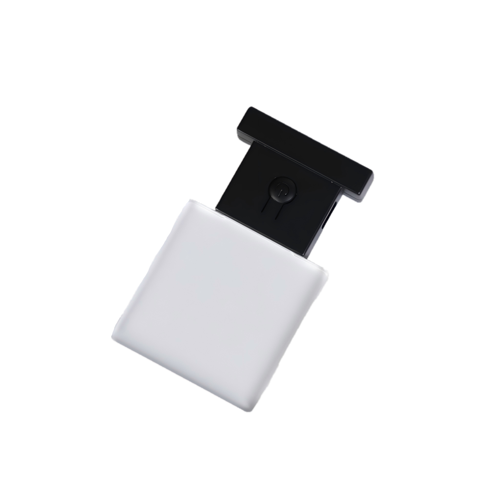 Square black LED fridge magnet with a sharp architectural slotted ABS base generating multi color RGB glow